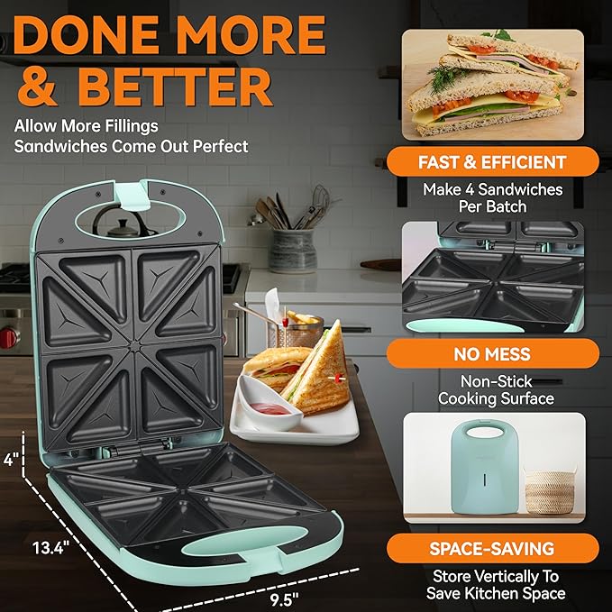 Baker’s Friend Breakfast Sandwich Maker, 4 Slices of Panini Grill Press Sandwich Maker, Electric Sandwich Maker with Indicator Light, Grill Cheese & Egg Muffin Sandwich Maker, Aqua