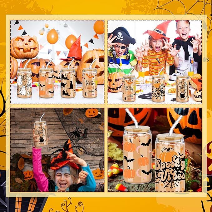 6 Pcs Halloween Drinking Glasses 16 oz Hearts Glass Cup with Bamboo Lid and Glass Straw Can Shaped Beer Glass Reusable Love Smoothie Cup for Women Teenager Valentine Party Birthday Gift