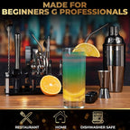 Mixology Bartender Kit – 24 Piece Gun Metal Cocktail Shaker Set w/Stand – Essential Home Bar Accessories Martini Shaker, Jigger, Muddler, Chilling Cubes & More