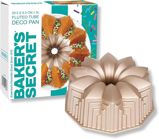 Baker's Secret Nonstick for Fluted Cake Pan, Heavy Duty Die Cast Aluminum Perfect for Fluted Cake, Pan Aluminum, 2 Layers Non-stick Coating For Easy Release - Nonstick Baking Pan (Deco)