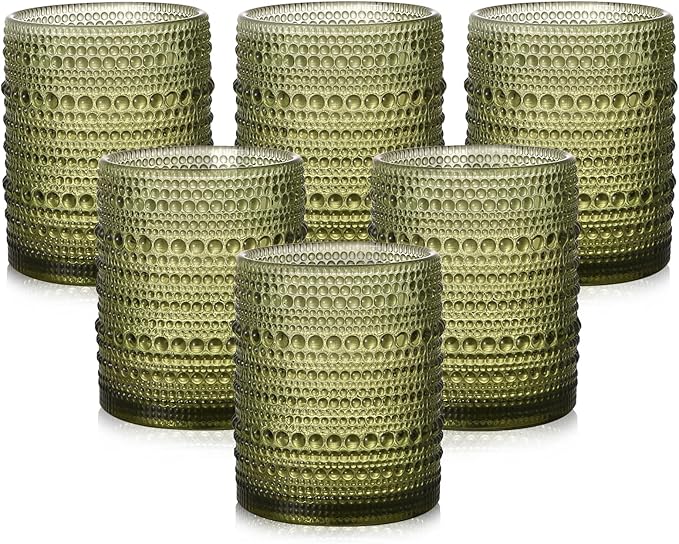 Vintage Glassware Drinking Glasses Set of 6,12 oz Hobnail Glass Cups,Embossed Green Water Tumbler,for Beer,Cocktail,Whiskey,Juice and Various Mixed Drinks- 1 Cleaning Brush