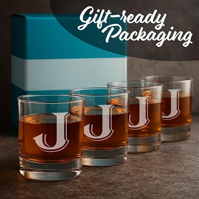 On The Rox Drinks (J-Monogram)- 4 Piece Set of 11 Ounce Engraved Heavy Base Rocks Glasses- Quality Elegant Glass-Multi-Purpose Beverage-Rocks Glass- Gift for any Occasion