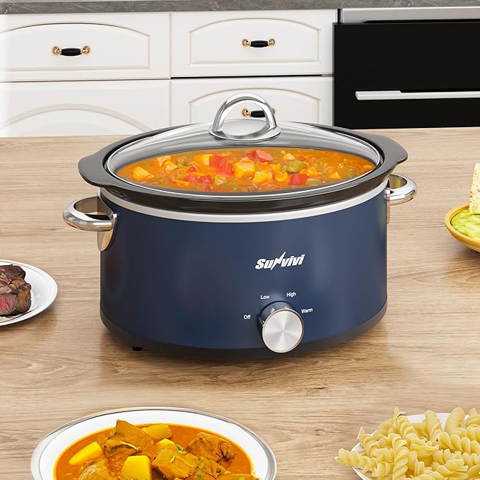 3QT Slow Cooker, Small Crock with 3 Heating Settings & Removable Ceramic Pot, Mini Food Warmer with Dishwasher Safe Glass Lid & Crock, Stainless Steel, Blue