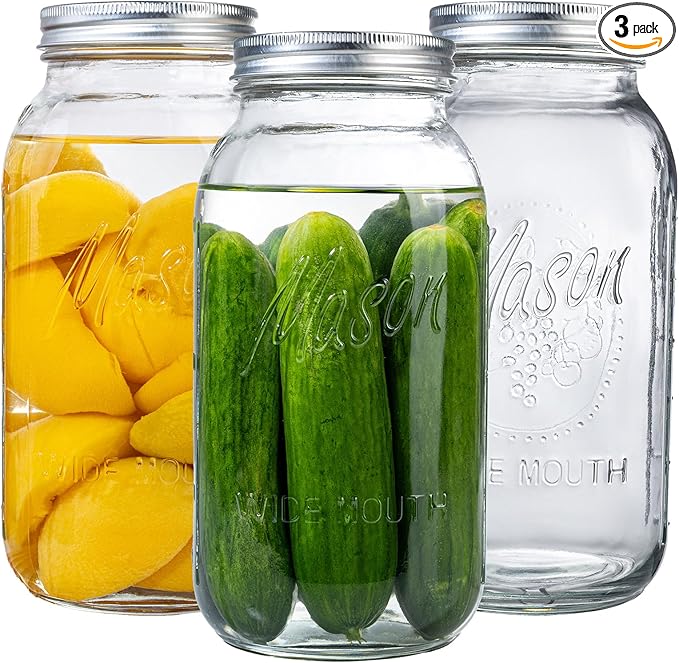 WELLIFE 3 Pack 64oz Wide Mouth Mason Jars,Half Gallon Mason Jar for Pickling, Canning, Fermenting and Food Storage, Microwave & Dishwasher Safe