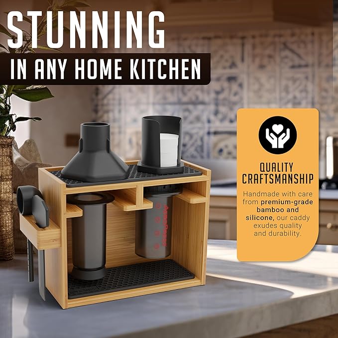 HEXNUB – Bamboo Organizer for AeroPress, Coffee Caddy Station Holds AeroPress Coffee Maker, Accessories, Filters, Cups, Stand includes Dripper Mats (Black)