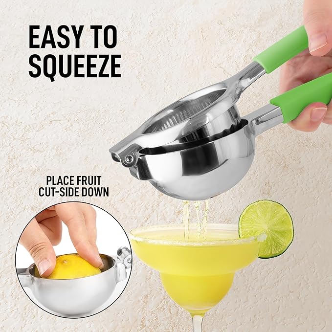 Zulay Lemon Squeezer Stainless Steel with Premium Heavy Duty Solid Metal Squeezer Bowl and Food Grade Silicone Handle - Large Manual Citrus Press Juicer and Lime Squeezer Stainless Steel (Light Green)