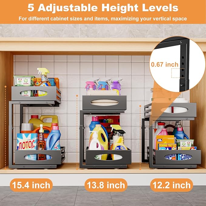 Under Sink Organizer, 2 Tier Under Sink Organizers and Storage, Adjustable Height, Slide Out Metal Cabinet Organizers, Pull Out Cabinet Storage Drawer Shelf for Kitchen Bathroom Black, 2 Pack