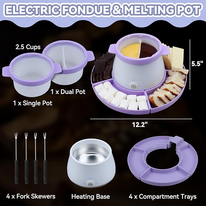 Electric Fondue Pot Set with 2 Pots, Melting Chocolate Warmer for Dipping, Candy & Chocolate Melting Pot, Fondue Pot Electric Set, Fondue Forks Included, 2.5 Cups, Lavender