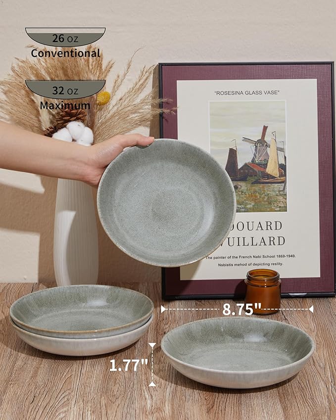 Pasta Bowls of 4, 32 Oz Salad Bowls Soup Bowls, Large Pasta Serving Bowl Porcelain Pasta Plates, Wide and Deep Bowls Set Microwave & Dishwasher Safe-Gradient Green
