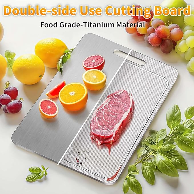 100% Pure Titanium Cutting Board with Groove, Scratch Resistant Chopping Board with Non-slip Pad for Kitchen, Titanium Cutting Boards for Vegetables and Meat, Dishwasher safe 9 * 13 IN