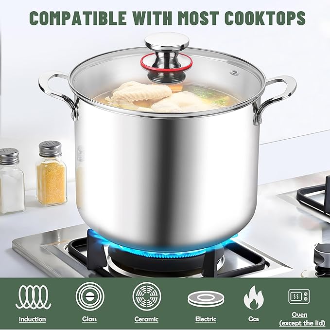 Herogo 12 Quart 18/10 Stainless Steel Stock Pot with Lid, Large Heavy Duty Soup Pot Compatible with Electric, Gas, Induction and Gas Cooktops, Dishwasher Safe