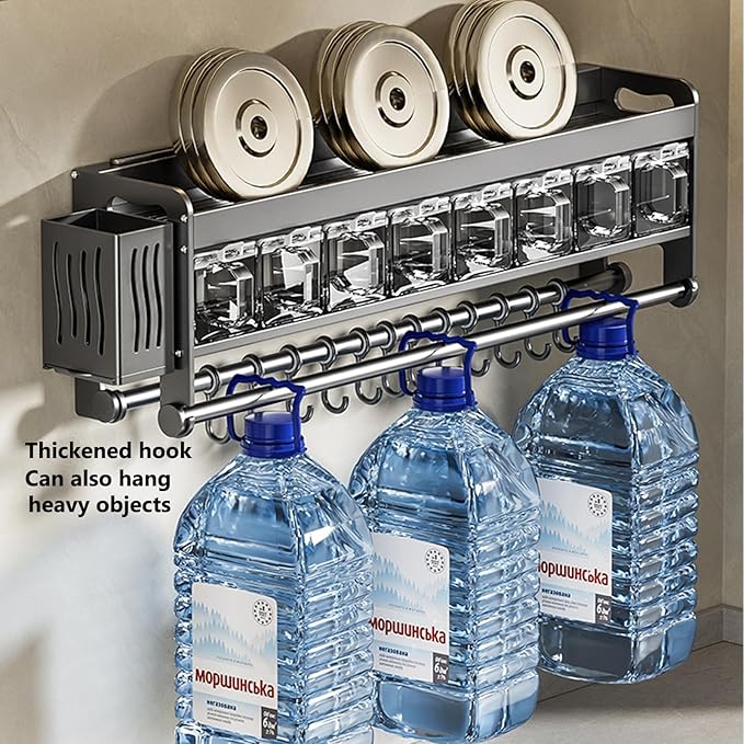 Hanging Wall Mount knife Wall Mount,Condiment Cup, Space-Saving Knife Rack with Hooks, Kitchen Organizer Storage Shelf for Utensils Spatula Spoon, Kitchen Utensil Hanger (Grey, 40cm+5Cups+8Hooks)