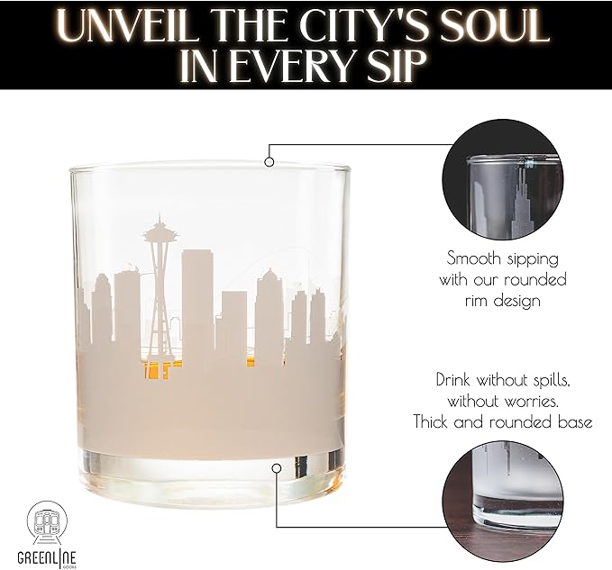 Greenline Goods Skyline Etched Seattle Whiskey Glasses Gift (Set of 2) | Old Fashioned Tumbler – For Seattle Lovers