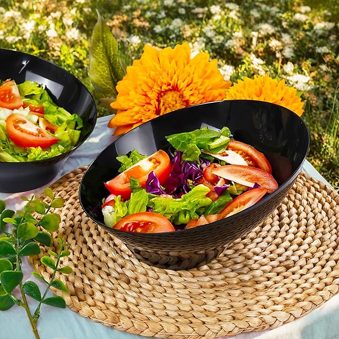 bUCLA 12 Pack Black Plastic Serving Bowls - 20 OZ Angled Bowls Disposable for Chip,Candy,Salad and Fruit - Ideal for Wedding, Party & Halloween