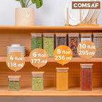 ComSaf Spice Jars with Labels 8 oz 16Pack, Small Spice Containers Starter Set, Glass Seasoning Jars with Lids, Square Seasoning Containers for Salt, Pepper, Chili Powder, Sugar, Loose Tea Storage