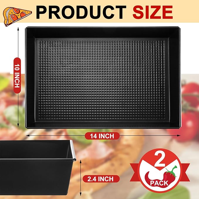 2 Pcs Detroit Style Pizza Pan 10 x 14 x 2.36 Inch Hard Rectangular Deep Pizza Pans Non Stick Sicilian Style Pizza Pan Dish Pre Seasoned Bakeware Kitchenware