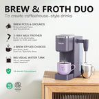 Single Serve Coffee Maker with Built-in Detachable Milk Frother, Iced and Hot Coffee Machine for K Cup & Grounds, 40oz Removable Water Reservoir, 6 Cup Sizes, Fits 7.3" Travel Mug, Purple