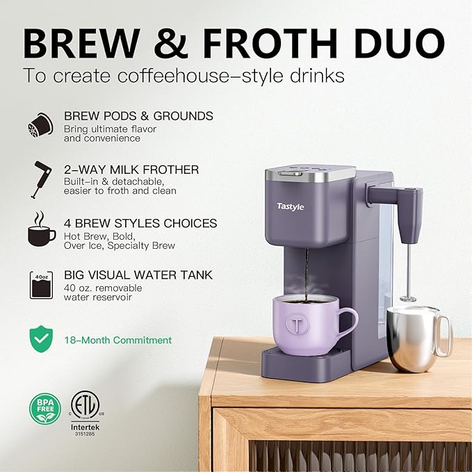 Single Serve Coffee Maker with Built-in Detachable Milk Frother, Iced and Hot Coffee Machine for K Cup & Grounds, 40oz Removable Water Reservoir, 6 Cup Sizes, Fits 7.3" Travel Mug, Purple
