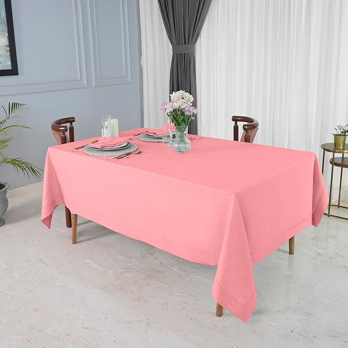 D'Moksha Homes Dusty Pink Linen Tablecloth for Rectangle Tables 60 x 84 Inch - Classic Hemstitch 100% Pure Linen Pink Table Cloth - Machine Washable Dining Tablecloth for Summer, Fall and Halloween
