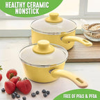 GreenLife Soft Grip 1QT and 2QT Saucepan Set, Healthy Ceramic Nonstick, Non Toxic PFAS & PFOA-Free, Dishwasher Safe, Glass Lids, Stay-Cool Handles, Easy Clean Cookware, Kitchen Essentials, Yellow