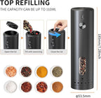 Electric Salt and Pepper Grinder Set – Rechargeable Automatic Mills with 6-Level Adjustable Coarseness, White LED Light, Large 110ml Capacity and Storage Base
