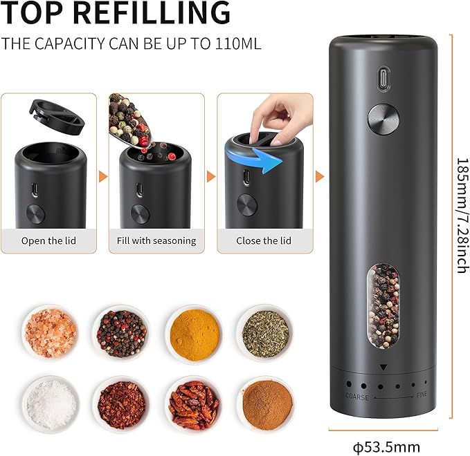 Electric Salt and Pepper Grinder Set – Rechargeable Automatic Mills with 6-Level Adjustable Coarseness, White LED Light, Large 110ml Capacity and Storage Base