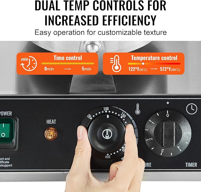 VEVOR Commercial Waffle Maker, Dual-Head Round Waffle Baker Machine, 2460W Non-Stick Stainless Steel Belgian Waffle Iron with Temp and Time Control, Handle, for Restaurant Bakery Snack Bar Family