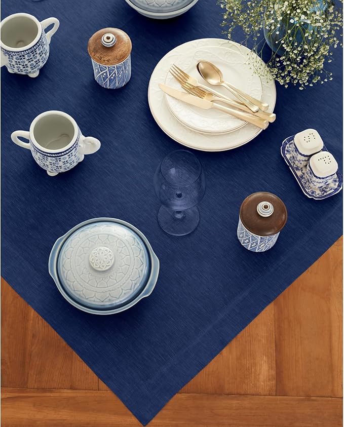 Solino Home Royal Blue Linen Tablecloth 52 x 52 Inch - 100% Pure Linen Square Table Throw - Athena, Machine Washable Tablecloth for Summer