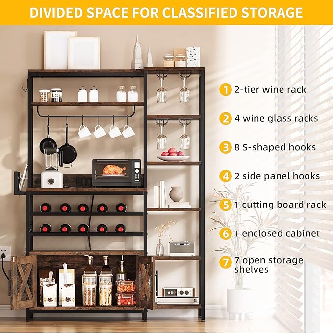 DWVO Baker Rack with Power Outlet, Microwave Stand W/Storage, 6-Tier Industrial Coffee Bar Cabinet W/Hook, Wine Rack & Goblet Holder, Wood & Metal Kitchen Shelf Organizer for Dining Room, Rustic Brown
