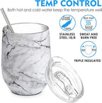 THILY Stainless Steel Stemless Wine Tumbler 4 Pack Vacuum Insulated Travel Wine Glasses Set with Sliding Lids and Straws, Keep Cold for Juice, Cocktails, Beer, Party, Christmas Gift, White Marble