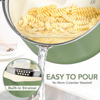 MICHELANGELO Pasta Pot with Strainer Lid - 6 Quart Cooking Pot with Lid, Non Stick Spaghetti Pot Ceramic Coated with Twist and Lock Handles for Easy Draining, Induction Compatible, Roden Green