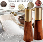 Salt and Pepper Grinder Set, Acacia Wooden Pepper Grinder with Adjustable Coarseness, Refillable Ceramic Blade Grind,Gold Pepper Mill for Kitchen, Enjoy Fresh Ground Pepper Salt with Spice