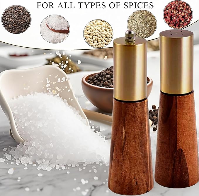 Salt and Pepper Grinder Set, Acacia Wooden Pepper Grinder with Adjustable Coarseness, Refillable Ceramic Blade Grind,Gold Pepper Mill for Kitchen, Enjoy Fresh Ground Pepper Salt with Spice