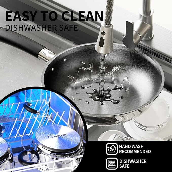 5 Ply Base Pots and Pans Set, 18/8 Stainless Steel Cookware Set of 6, Non Stick Frying Pans, Dishwasher Safe