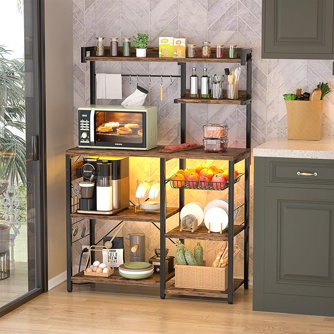 Aheaplus Bakers Rack with Power Outlet and LED Light Strings, Microwave Oven Stand Kitchen Storage Shelf with Wire Basket, Coffee Bar Station Island Table with 10 Hooks for Spices, Pots, Rustic Brown