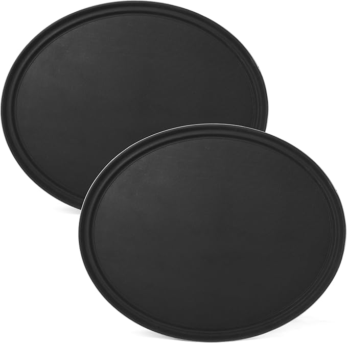 CURTA 2-Pack Restaurant Grade Non-Slip Tray, NSF, Oval 24-Inch x 29-Inch, Plastic Rubber Lined Round Serving Tray, Black