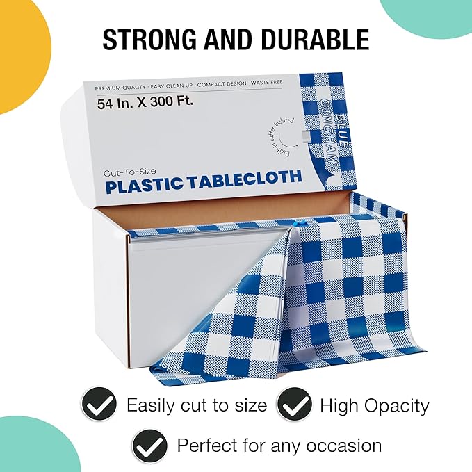 Exquisite Party Solids 54 Inch X 300 Feet Blue Gingham Plastic Table Cover Roll in A Cut - to - Size Box with Convenient Slide Cutter. Cuts Up to 36 Rectangle 8 Feet Plastic Disposable Tablecloths