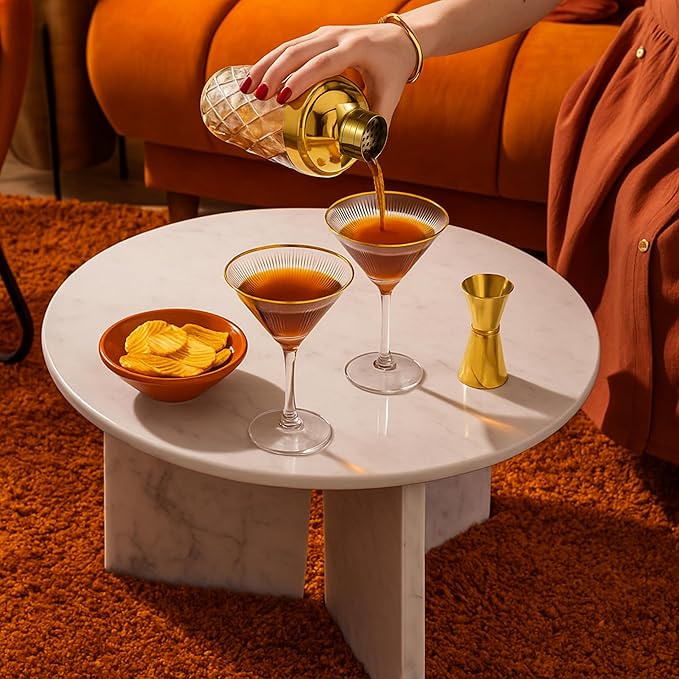 VEMACITY - Luxury Cocktail Shaker Set - Gold Glass Cocktail Shaker with Built-In Strainer, 2 Ribbed Espresso Martini Glasses with Gold Rims, Bar Spoon & Jigger - Gift Sets, Wedding Gift
