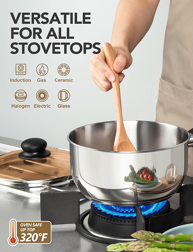 MICHELANGELO Stainless Steel Saucepan Set with Lid 1QT & 2QT & 3QT, Triply Base Stainless Steel Pot Set, Sauce Pot Set with Bakelite Handle