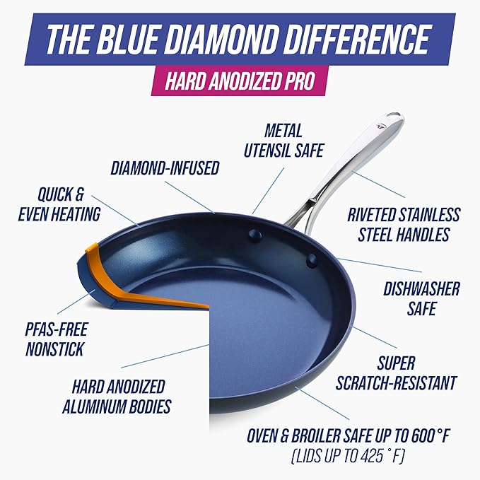 Blue Diamond Cookware Hard Anodized Ceramic Nonstick, 11" Frying Pan Skillet with Lid, PFAS-Free, Dishwasher Safe, Oven Safe, Grey