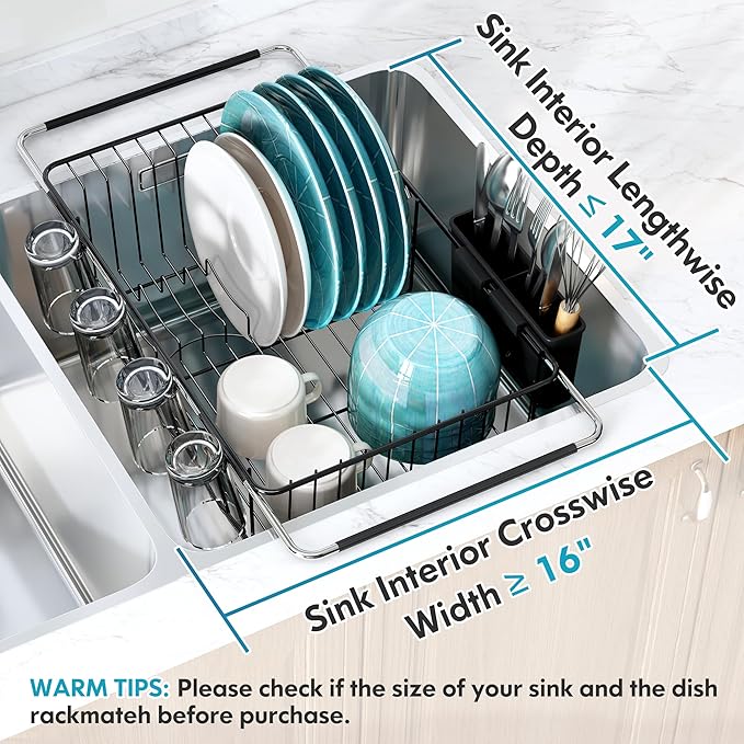 MAJALiS Dish Drying Rack in Sink - Small Dish Drainers for Kitchen Sink, Over The Sink Dish Racks with Utensil Holder, Stainless Steel Dish Rack in Sink, Black