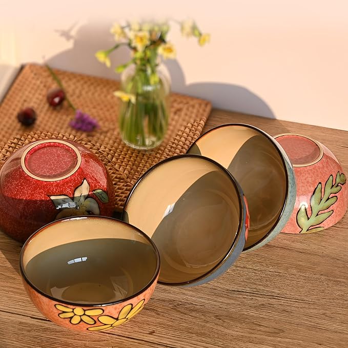 Ceramic Cereal Bowls Set of 6, Floral Design 6 inch – 28oz for Cereal, Salad, Soup, Dessert, or Snacks, Microwave, Dishwasher Safe