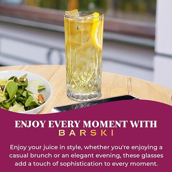 Barski Highball Glass - Drinking Glasses - Set of 4 - Hiball Tumblers - Glass Crystal Tumbler - for Water, Juice, Beer, Mixed Cocktails, Mojito Glass, Tom Collins Bar Glassware, 12 oz, Made in Europe