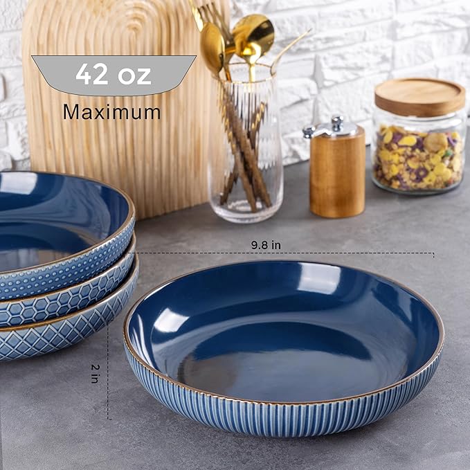 GBHOME 9.5'' Large Pasta Bowls, 42 Ounce Stoneware Salad Bowls for Kitchen, Ceramic Serving Bowls With Textured Pattern for Pasta,Fruit, Stews,Noodle, House-warming Gift, Set of 4-Moonlight Blue
