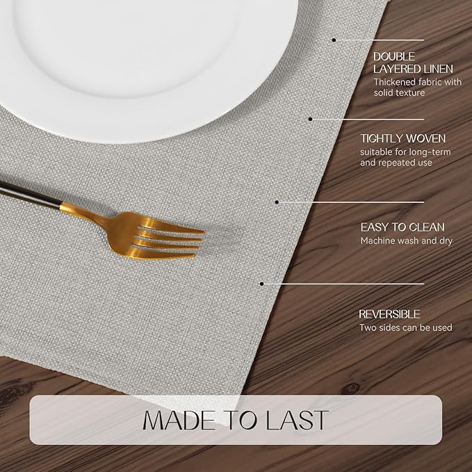 Romanstile Cloth Placemats Set of 8-12 x 18 Inch, Heat Resistant Double Layered Thickened Burlap Place Mats, Washable Linen Farmhouse Table Mats for Kitchen/Dining/Party/Outdoor, Light Grey