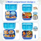 Bento Lunch Box with Thermo, 4-Compartment Bento Box with Adjustable Dividers, Leakproof Dinosaur Lunch Box with 14.2OZ Insulated Food Jar & Sauce Jar, for School Office Travel (Blue)