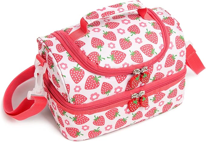Insulated Kids Dual Compartment Lunch Bags Tote for Girls Boys Toddler Lunch Boxes Pre-School Toddler Kindergarten Picnic Camp Food Cooler Thermal with Strap (Bright Strawberry)