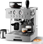 Espresso Machine with Grinder, 20Bar Espresso Machine Stainless Steel, Coffee Machine with Milk Frother for Latte/Cappuccino, Adjustable Temperature, Independent Hot Water & Americano Function