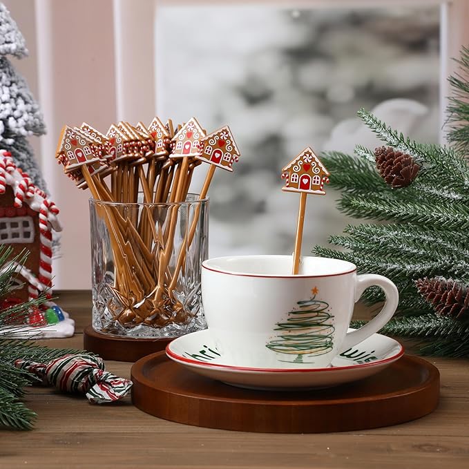 30 Pcs Christmas Drink Stirrers Xmas Stir Stick Holiday Coffee Swizzle Stick Reusable Plastic Hot Cocoa Bar Chocolate Decoration Cocktail Mixer(Gingerbread House,Novel Color)