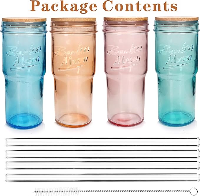 ANOTION Colored Glass Cups with Lids and Straws - 24oz Travel Coffee Mug Wide Mouth Mason Jar Iced Coffee Cup Smoothie Cup Glass Tumbler Tea Cup Clear Cute Water Cups Colorful Drinking Glasses